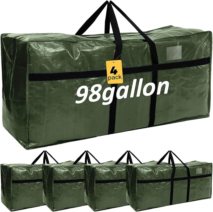 Windyun 4 Pack 98 Gallon Extra Large Moving Bags XXL Heavy Duty Storage Bag with Strong Zipper Handle Jumbo Big Tote Box Foldable for College Dorm Travel Clothes Duffle Blanket Pillow(Army Green)
