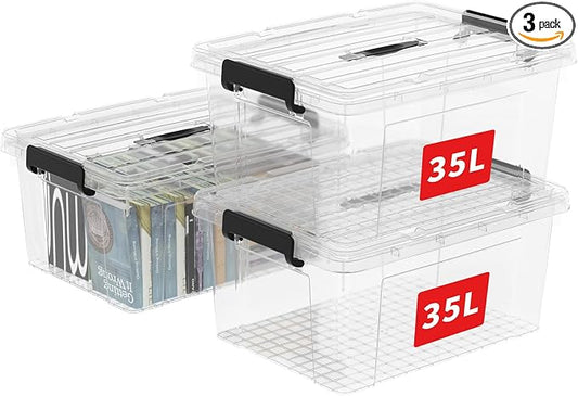 Cetomo Lidded Storage Bin with Handle, Tote Organizing Container with Durable Lid and Secure Latching Buckles, Stackable and Nestable, Plastic, 40 Quart-3 Pack, Clear