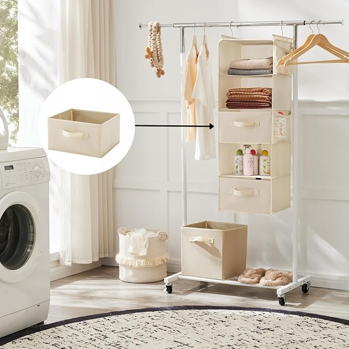 Hanging Shelf Closet Storage Organizer Removable 2 Drawers, Beige | Hanging Storage Organizer Hanging Sweater 2 Sock Underwear Drawers for Closet, Bedroom