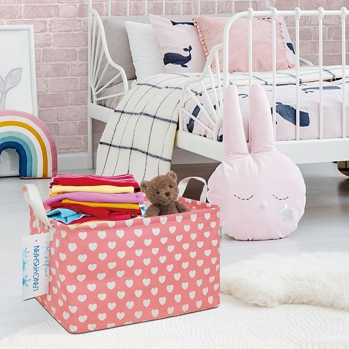 Rectangular Collapsible Storage Basket Nursery Organizer Pink Heart | Storage Bin Foldable Canvas with Handles for Organizing Home Kitchen Children Toys Office Closet Shelf Baskets