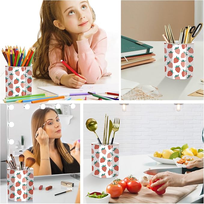 Ceramic Strawberries Pen Holder for Desk Cute Pencil Cup Desk Organizer Makeup Brush Holder for Girls, Women, Stationery for Office, Home, Daily Use, (Pink+white)