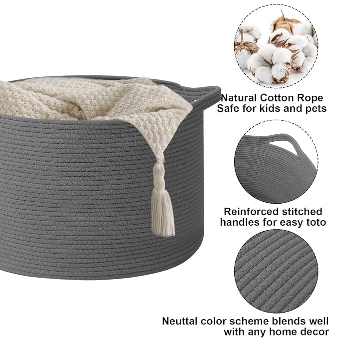 115L Extra Large Blanket Basket,Woven Rope Laundry Basket Hamper with Handles, Decorative Nursery Basket Storage Bin for Toys, Clothes Organizer, Living Room, Bedroom, Bathroom, Dark Gry