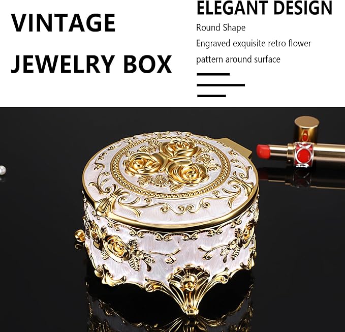 Hipiwe Round Jewery Box Metal Trinket Organizer Decorative Keepsake Box for Trrasure Ring Earring Holder Vintage Jewelry Display Case, Beige, 5.7" L x 5.1" W x 3.5" H