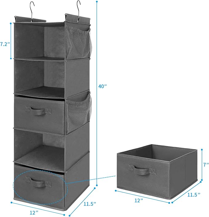 MAX Houser 5 Tier Shelf Hanging Closet Organizer, Cloth Hanging Shelf with 2 Sturdy Hooks for Storage, Foldable (Grey-D2)