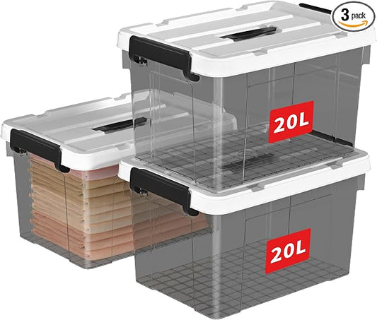 Cetomo Lidded Storage Bin with Handle, Tote Organizing Container with Durable Lid and Secure Latching Buckles, Stackable and Nestable, Plastic, 25 Quart-3 Pack, Clear Black