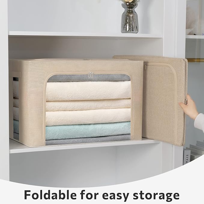 FHSQX 2 Pack Clear Window Storage Bins - Large Stackable Linen Fabric Storage for Clothes Foldable Container Organizer Set with Carrying Handles (Beige, 19.7x 15.7x 12.6 Inch)
