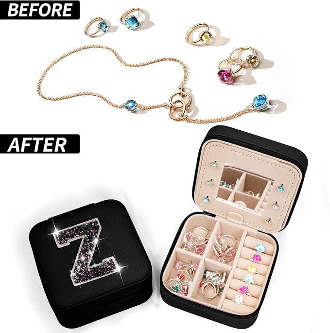 Uygafly Personalized Jewelry Case for Women Girls - Fashion Mini Jewelry Boxes - Trendy Travel Jewelry Organizer with Initials Letter - Teen Gifts | Black,Z