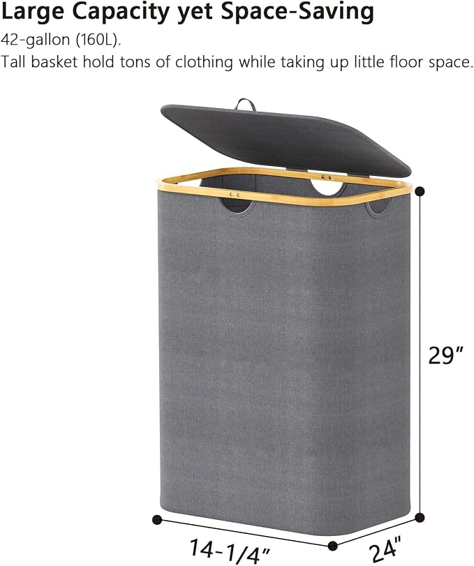 SpaceAid Double Laundry Hamper 2 Section with Lid and Removable Laundry Bags, 160L Clothes Basket with Bamboo Handles, Large Collapsible Hamper for Bedroom, Bathroom, Dorm, Laundry Room - Grey