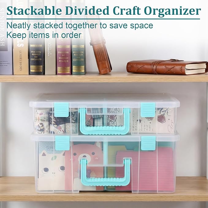 BTSKY Clear Plastic Dividing Storage Box with 8 Deep Compartments Adjustable Storage Bin with Lid Portable Craft Storage Container Multipurpose Sewing Box Art Supply Organizer, 15.1x13.9x6.1 Inches