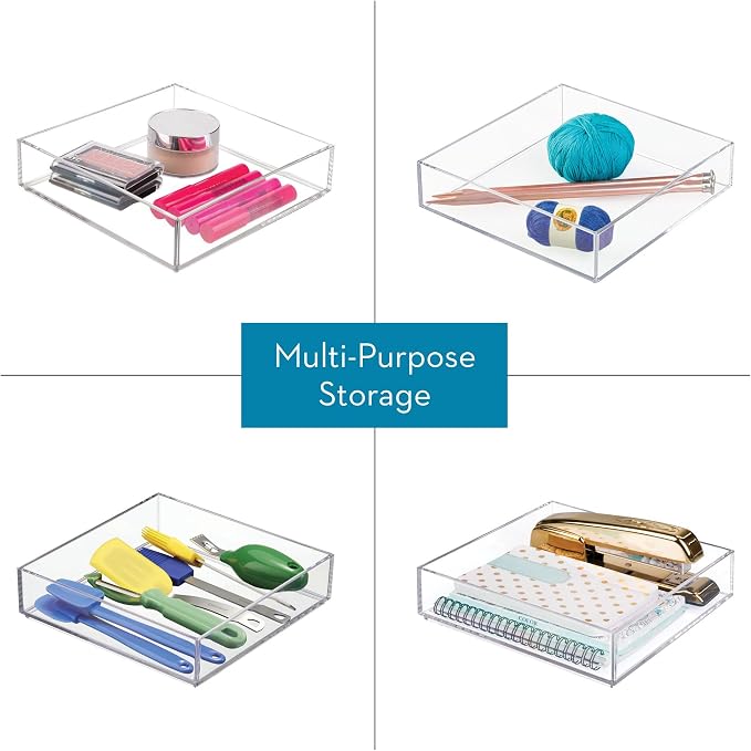 iDesign Plastic Makeup Drawer Organizer Tray, Set of 2, Clear | Vanity Organizer, Desk Drawer Organizer