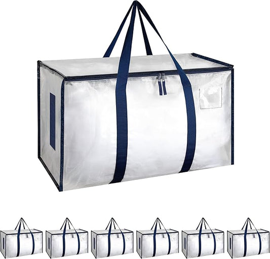 Simple Deluxe 6 Pack Extra Large Moving Bags with Lids, Reinforced Handles and Zippers, Heavy Duty Storage Tote for Moving Travel Camping Space Saving, White
