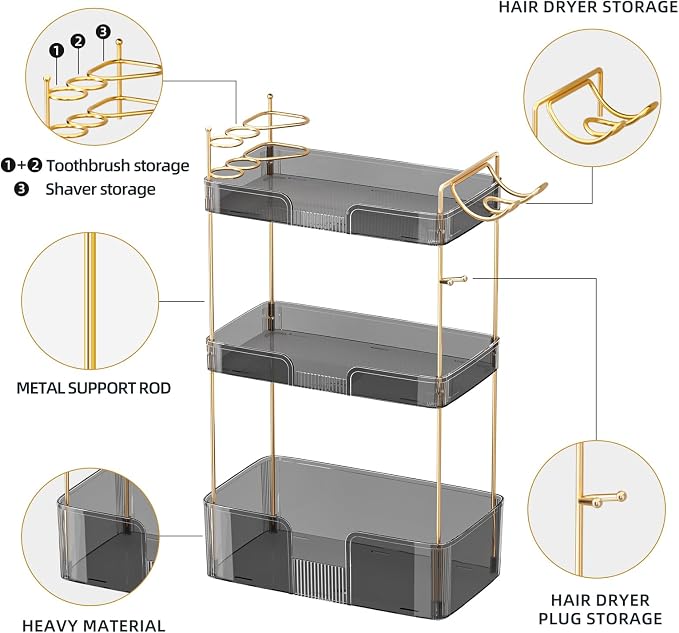Akinbas 3 Tier Bathroom Organizer Countertop Makeup Perfume Tray Skincare Organizer Comes with Hair Dryer Rack and Toothbrush Holder for Bathroom Dresser Vanity (Grey)