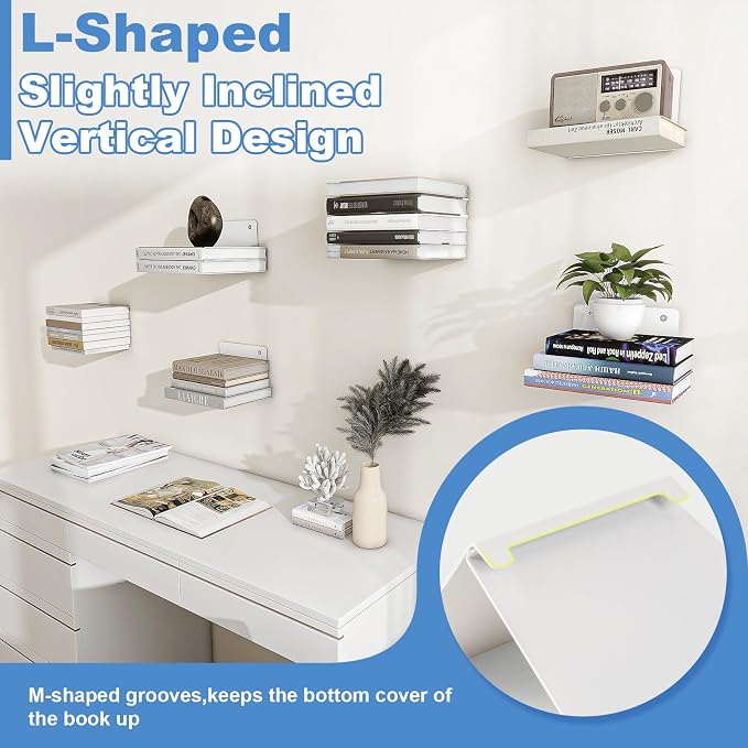 FENTEC Floating Book Shelves for Wall, Wall Mounted Invisible Floating Bookshelf, Heavy-Duty Hanging Bookshelves, Hidden Book Shelf Metal Wall Book Holder for Bedroom Home Office, 6-Pack White