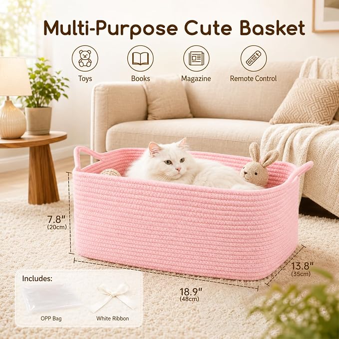 OIASKET Large Empty Cotton Rope Gift Basket with Handles, 18.9"x13.8"x7.8" Decorative Woven Storage Basket with Gift Bag and Ribbon Set for Baby Shower, Toy Organizer for Kids, Dogs & Cats - Pink