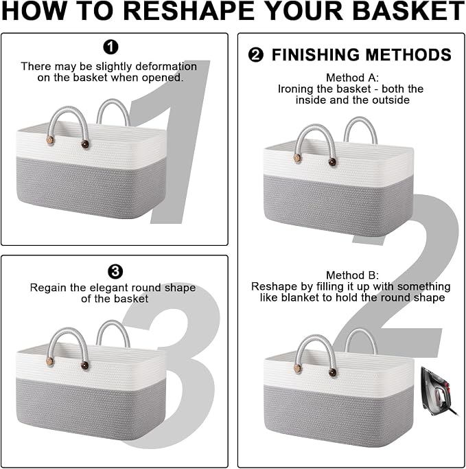 OIAHOMY 75L Large Blanket Basket, 22”x17”x12” Rectangle Woven Baskets For Storage, Nursery Blanket Storage Living Room, Toy Box With Long Handle-Gradient Grey With White
