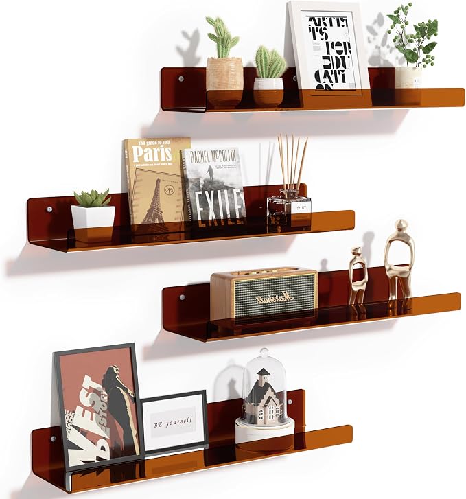 upsimples 4 Pcs 15" Acrylic Shelves for Wall Decor and Display, Brown | Cute Floating Shelf for Perfume, Skincare, Nail Polish, Wall Organizer for Bedroom, Living Room, Playroom, Room Décor