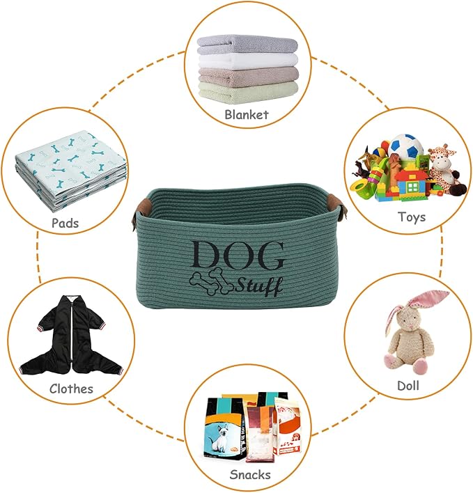 Geyecete Square Dog toy basket storage Cotton Rope Storage Basket Pet/Pet Toy And Accessory Storage Bin Doy Toy Box-Green