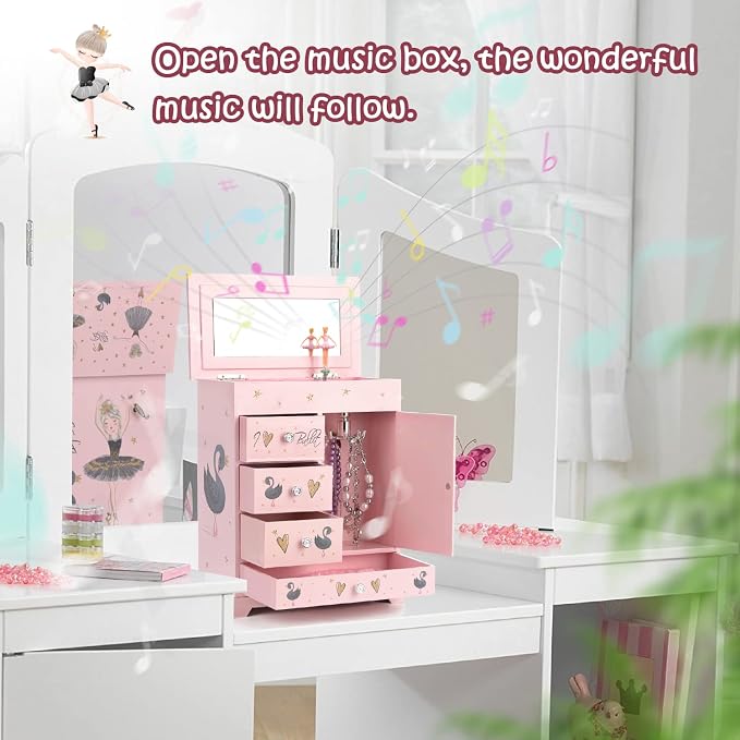 Jewelry Box for Girls 8.9 x 4.92 x 10.98 inch Large 5 Layer Music Box with Spinning Ballerina with Unicorn Necklace & Bracelet Set Jewelry Organizer for Kids Birthday Christmas Gift Pink