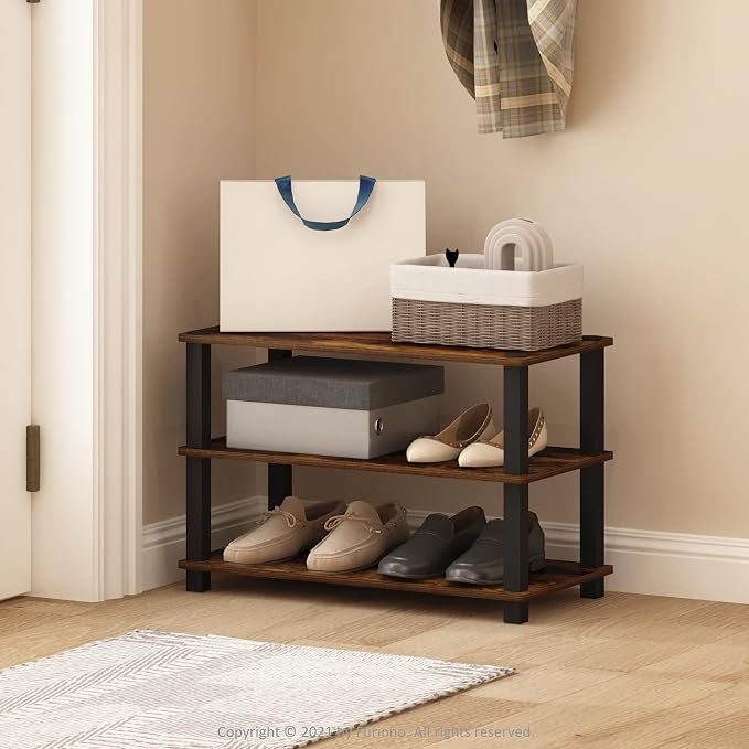 Furinno Turn-S-Tube 3-Tier Shoe Rack, Dark Cherry/Black (Pack of 3)