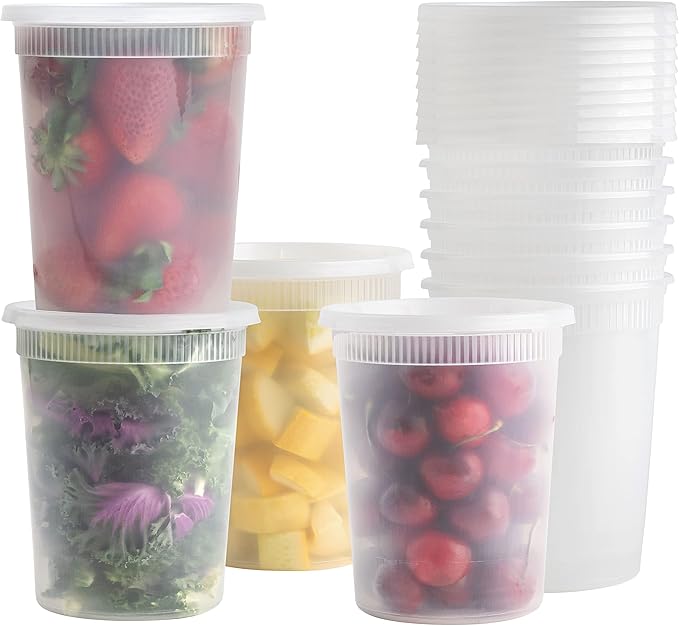 BluShine Deli Containers with Lids, Plastic Food Storage Containers | 32 oz, 24 sets Plastic Deli Food Storage Containers with Airtight Leak Proof Lids, Reusable, Microwave and Freezer Safe