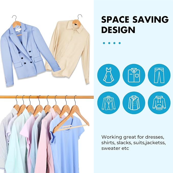 JS HANGER Wooden Hangers 30 Pack, Natural Wood Suit Hangers with Non Slip Shoulder Grooves, Clothes Hangers for Coats, Shirts, Jackets, Pants, Suits