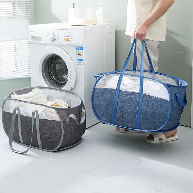 MOOMASS Pop-Up Laundry Basket，collapsible Mesh Laundry Hamper– With Extended Shoulder Straps, Sturdy Handles, and Premium Cationic Fabric (blue)…