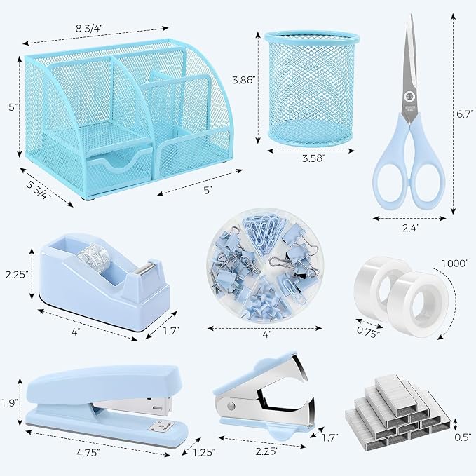 SKYDUE Blue Office Supplies Set, Office Desk Accessories, Mesh Desk Organizer, Stapler, Tape Dispenser, Scissors, Binder/Paper Clips and 1000pcs Staples, Office Supplies for Teacher, Gifts