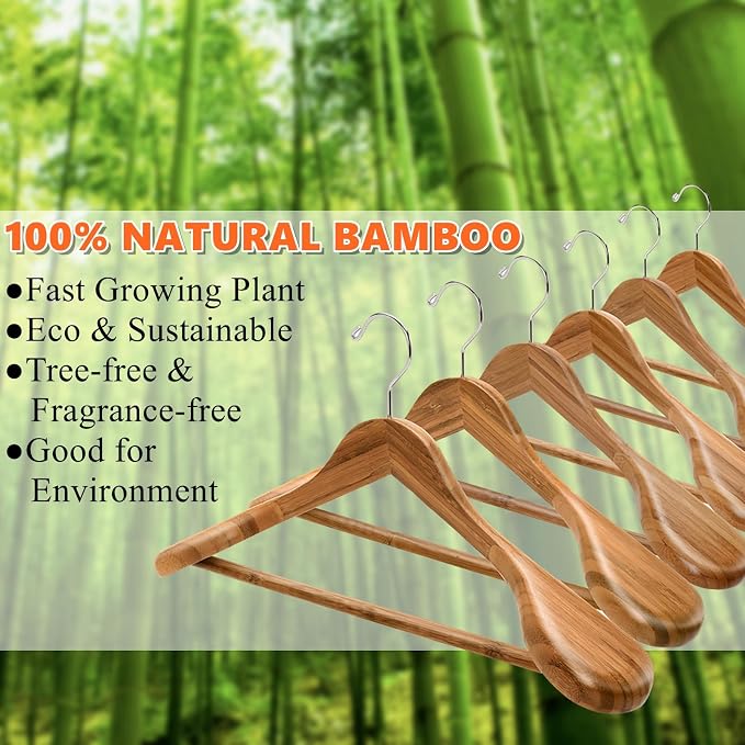 Amber Home 6 Pack Wide Shoulder Bamboo Wood Suit Hangers | Bamboo Wooden Coat Hangers with Non Slip Pants Bar, Clothes Hangers for Jackets, Sweaters, Pants & Heavy Clothes