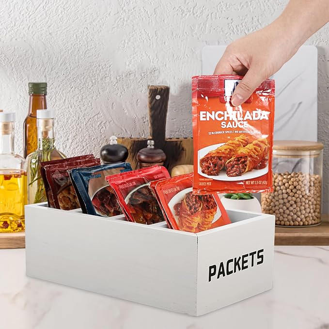 BSTKEY Seasoning Packet Organizer, Food Packet Storage Organizer with 4 Compartments, White Wooden Storage Caddy for Kitchen Pantry Cabinet, Farmhouse Kitchen Organization Bins for Snack Spice Packets