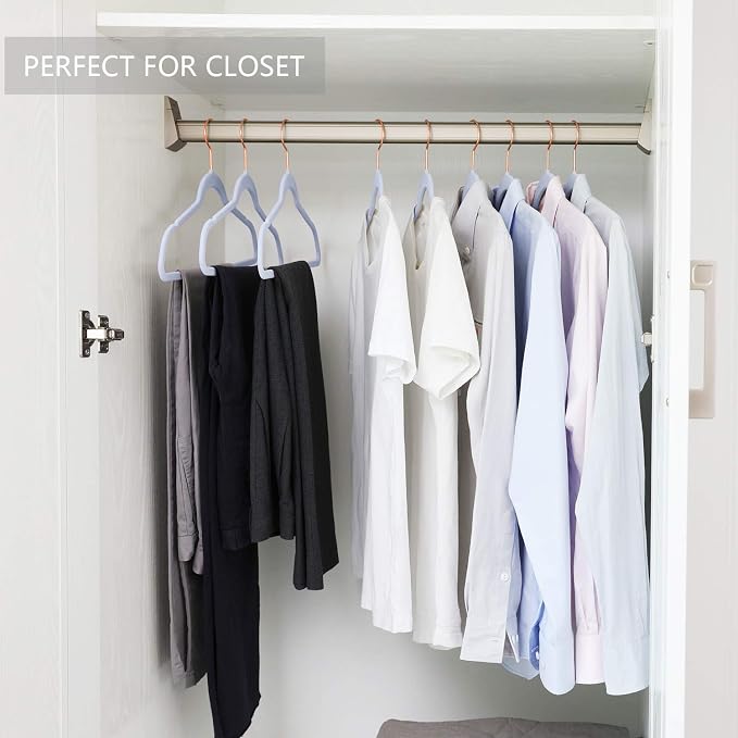 MIZGI Premium Velvet Hangers (50 Pack) Heavy Duty - Non Slip Felt Hangers - Velvet Suit Hangers Light Blue - Rose Gold Hooks,Space Saving Clothes Hangers