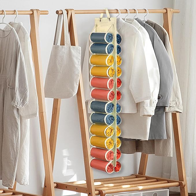 Lirex Scarf Storage Organizer with 24 Pockets, Yoga Legging Storage Organizer for Family Closet Bedroom, Cream White