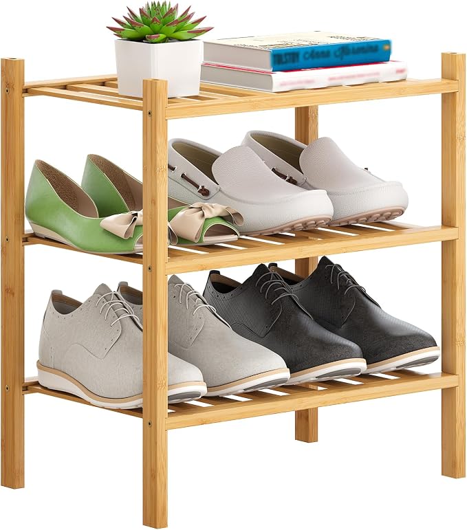 Bamboo Shoe Rack Stackable Shoe Shelf Storage Organizer for Unit Entryway Hallway and Closet Sturdy Freestanding Small Shoe Shelf(3S Tier Natural)