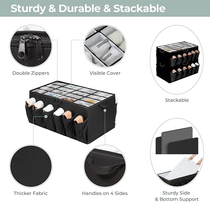 Extra Large Fabric Shoe Organizer for Closet, Fits up to 28 Pairs, Foldable Shoe Storage Bin Containers with Adjustable Dividers and Clear Cover, Black, 2 Pack