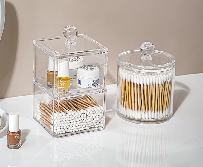 Acrylic Makeup Organizer Cosmetic Storage Display Case Makeup Brush Cotton Ball Pads Swab Q-tip Holder Lipstick Dispenser Canister Bathroom Container (3.7x3.7x3.9in, 1 Box, Clear)