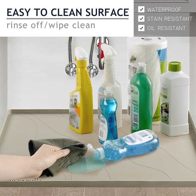 Heavy Duty Silicone Under Sink Mats for Kitchen Waterproof 19" x 19", Extra Thick Under Sink Rubber Mat Drip Tray, Raised Edge Under Sink Liner,Prevent Drips, Leaks, Spills,Brown