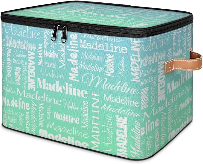 Custom Storage Basket with Name, Personalized Keepsake Box with Zipper Lid, Foldable Fabric Memory Bin Large capacity with Handle Bright Green Blue