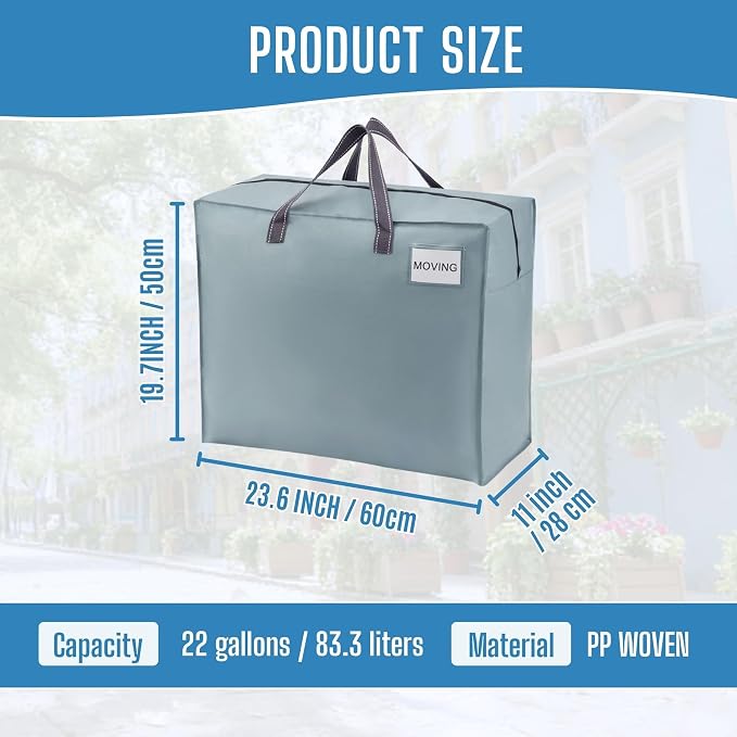 VENO 4 Pack Heavy Duty Moving Bags, Storage Bags, Packing Supplies, Top Zipper, Storage Totes for Camping, Clothes, Bedding, Comforters, Pillows (22 Gallon Light Blue, 4 Pack)
