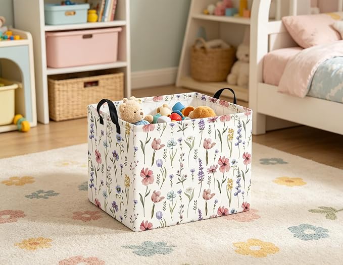 Rectangular Baby Kids Storage Basket for Home Kitchen Girls Cute Toy Storage Bin Organizer Shelf Book Room Decor(Flower)