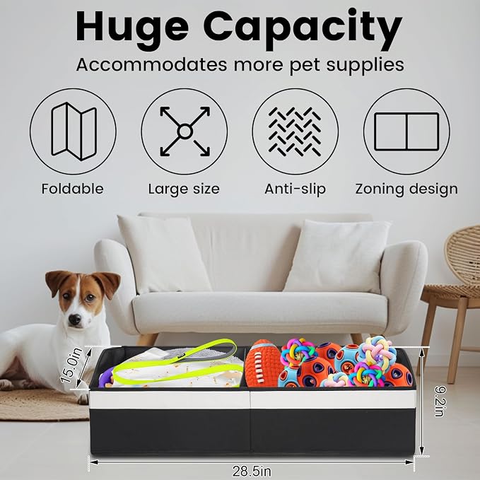 Large Dog Toy Basket with Handle, Foldable Dog Toy Box for Living Room Area , 28.5" Basket for Dog's Supplies, Organizer and Storage with Hard Board, Anti-Slip for Pet Toys (Black, Large 28.5"×15")