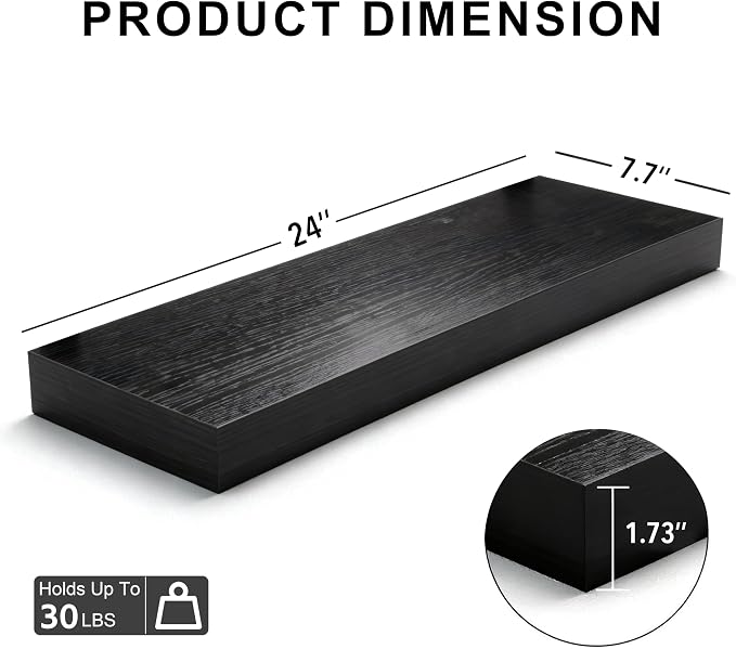 Floating Shelves for Wall,Over The Toilet Storage Cabinet-Set of 2 Black 24 Inch.Wall Shelves for Bathroom,Bedroom,Living Room,Kitchen-Modern Helf Display Organizer&Decor(Black,2pcs)