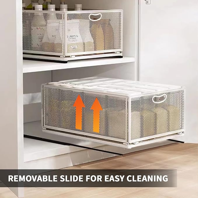 Sliding Cabinet Basket Organizer Drawer Self Adhesive Slide out Pantry Shelves Heavy Duty Carbon Steel Slide Cabinet Storage Basket with Handle for Bathroom Kitchen Home