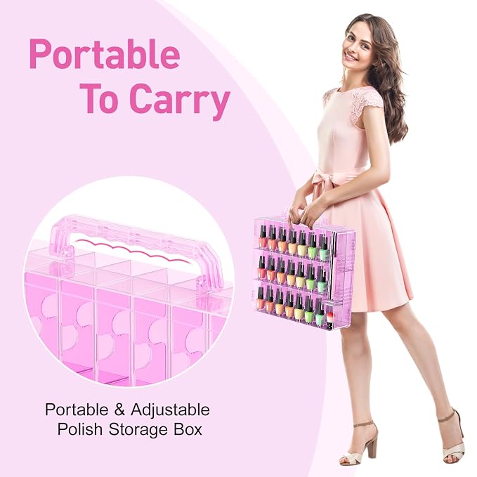 Beloving Nail Polish Organizer Pack of 2, Portable 48 Bottles Clear Nail Polish Holder with Adjustable Divider, Gel Nail Polish Storage Double Side Nail Polish Organizer Case for Nail Tech Pink