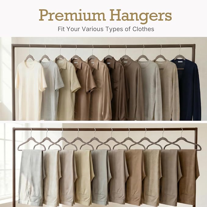 HOUSE DAY Taupe Velvet Hangers 60 Pack, Non Slip Clothes Felt Hanger Heavy Duty for Coat, Premium Slim Space Saving Suit Hangers for Closet Organizer, 360° Rotating Silver Hook