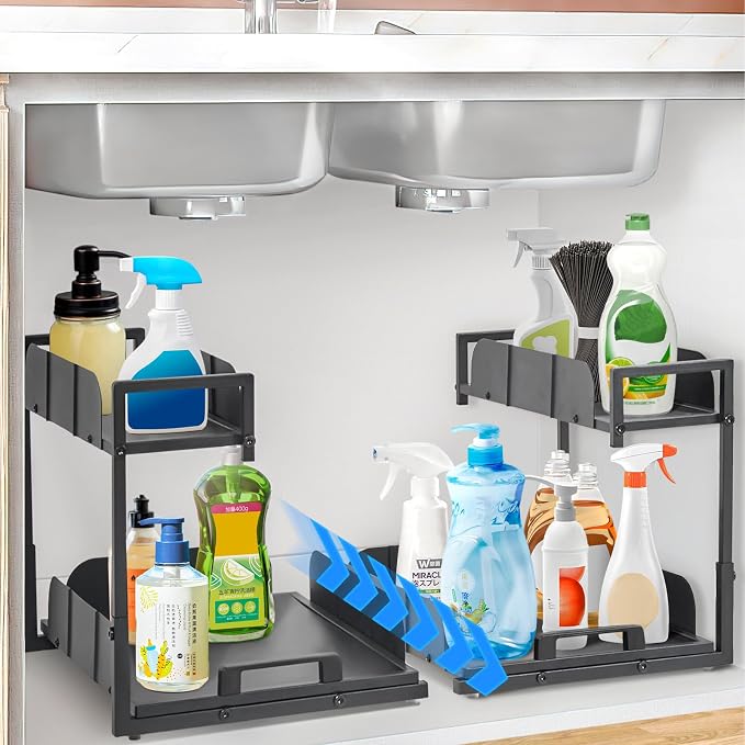 Under Kitchen Sink Organizer, 2 Tier Metal Pull Out, 2 Pack | Sliding Drawer, Heavy Duty, Bathroom Organizers and Storage Shelf, For Home, Laundry, Office