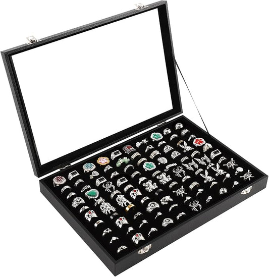 100 Slots Ring Case Organizer Display Box,Rings Holder Storage Boxes for Jewelry Showcase with Glass Lid (Black Velvet).