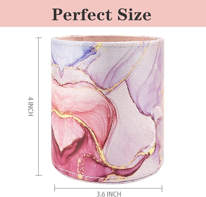 Pen Holder for Women Girls, Pencil Cup Pink Desk Decor, Makeup Brush Holder Large Pu Leather Multi-Functional Organizer Cup for Office, Classroom, Home, Colorful Marble