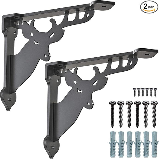 SELEWARE Heavy Duty Shelf Brackets 10 Inch, Deer Shelves Brackets, 300LB Capacity Decorative Metal L Brackets for Floating Shelves, Black Rustic Wall Mount Shelving Bracket with Screws, 2 Pack