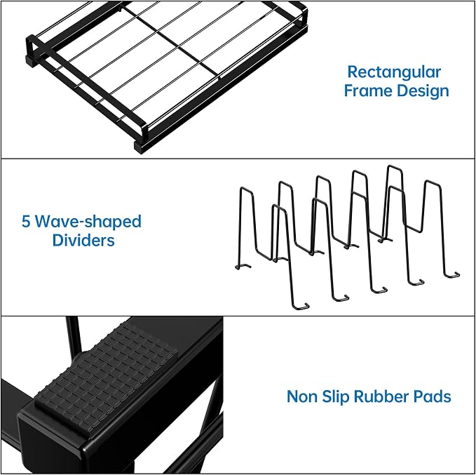 Adjustable Food Container Lid Organizer with 5 Dividers, Full Metal Pot and Pan Organizer Rack for Kitchen Cabinets, Drawers, Cupboards, Pantry Shelves Storage, Black