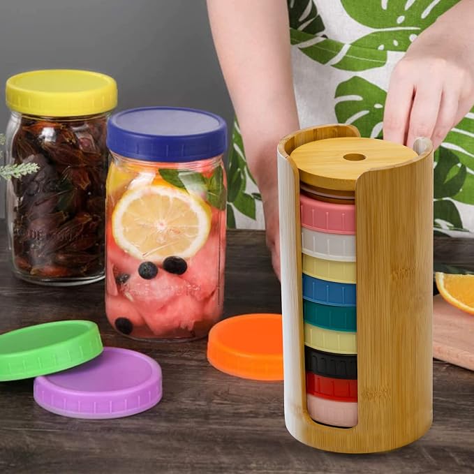 Mason Jar Lid Organizer, Wide Mouth Lid Holder (2pcs, Wide Size) | Mason Jar Lid Storage Made of Bamboo, Stackable Space-Saving Rack, Suitable for Mason/Canning/Bamboo Lids