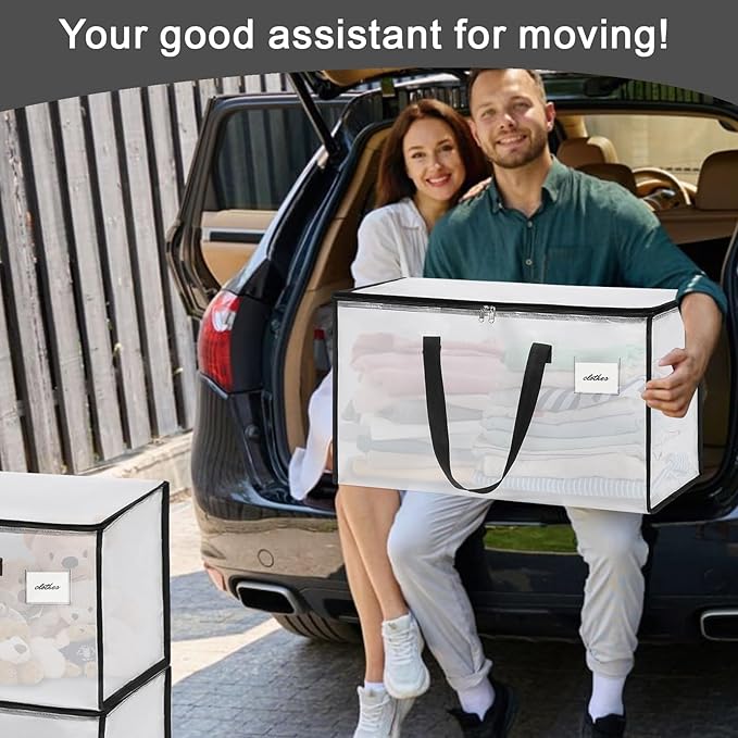 6 Pack Extra Large Heavy Duty Clear Moving Bags with Reinforced Zippers & Wide Carry Handles, See-Through Storage Totes for Clothes Packing, Dorm Moves & Home Organization
